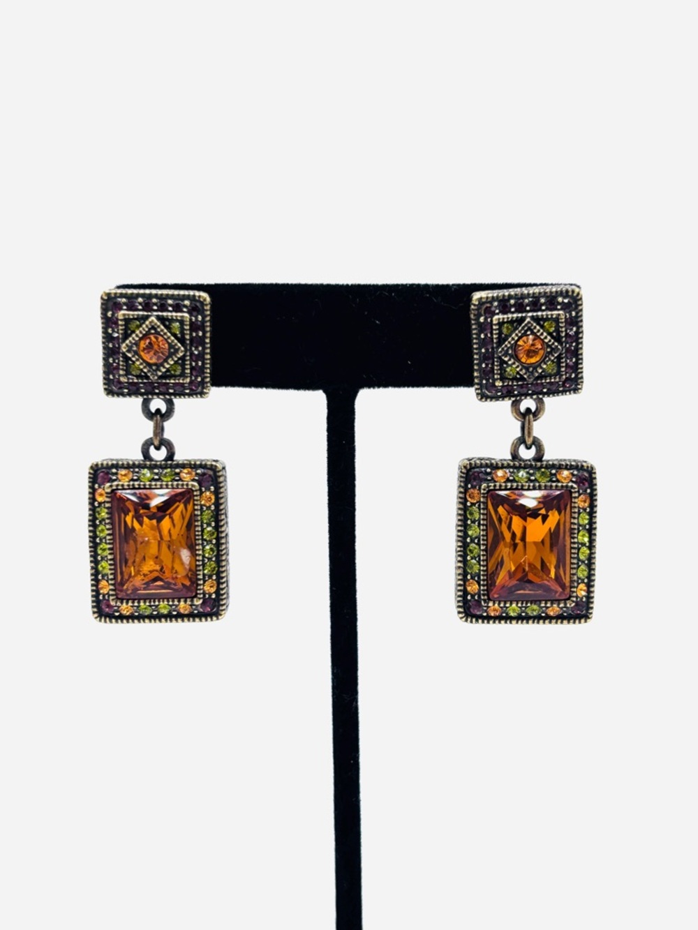 Heidi Daus Amber Swarovski Crystal Drop Earrings with Green Accent - Picture 3 of 10
